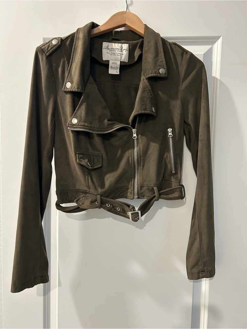 American Rag Olive Green Suede-Look Cropped Moto Jacket